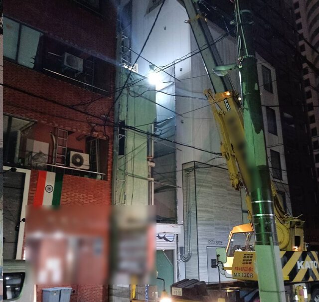 大阪市中央区４階建ビル キュービクル内PCB含有 トランス500kg2機 トランス250kg1機 ラフター13t搬出撤去工事 及びPCB処分工事